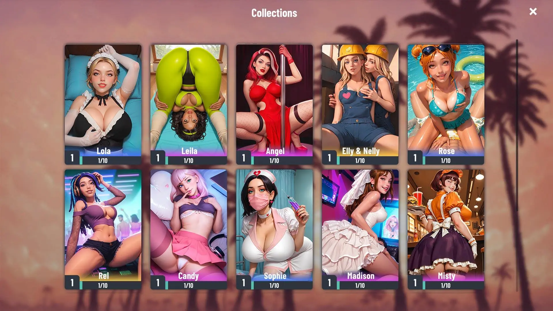 Schermata Collezioni di Passion Industry: carte di eroine da collezionare (Lola, Angel, Rose, Candy, Sophie, Madison…)